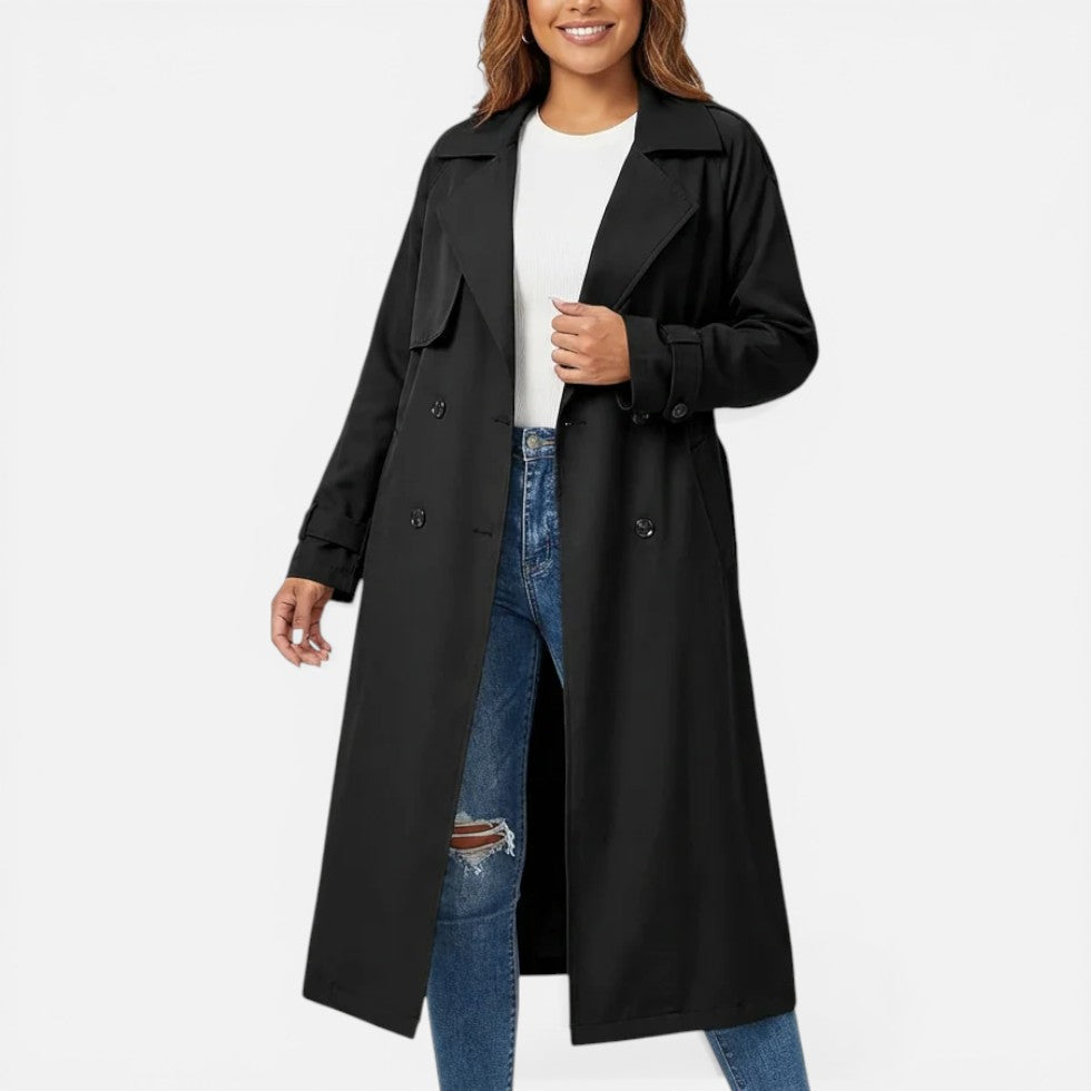 Women's long double-breasted trench coat with lapel collar and button fastening
