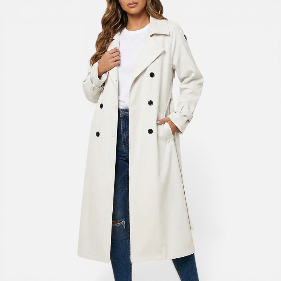 Women's long double-breasted trench coat with lapel collar and button fastening