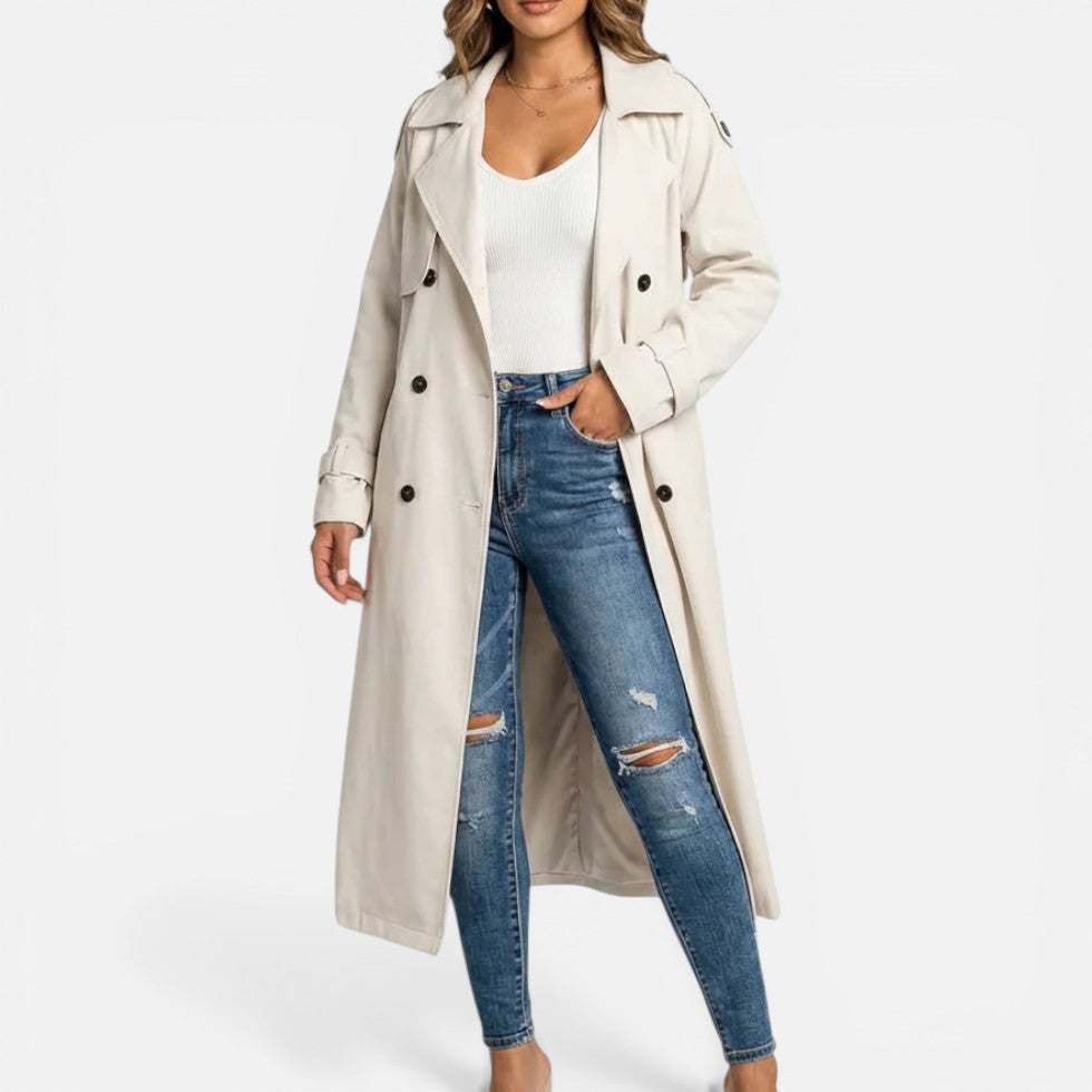 Women's long double-breasted trench coat with lapel collar and button fastening