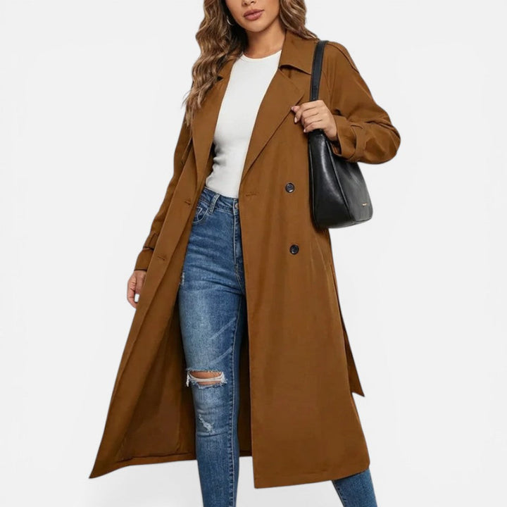 Women's long double-breasted trench coat with lapel collar and button fastening