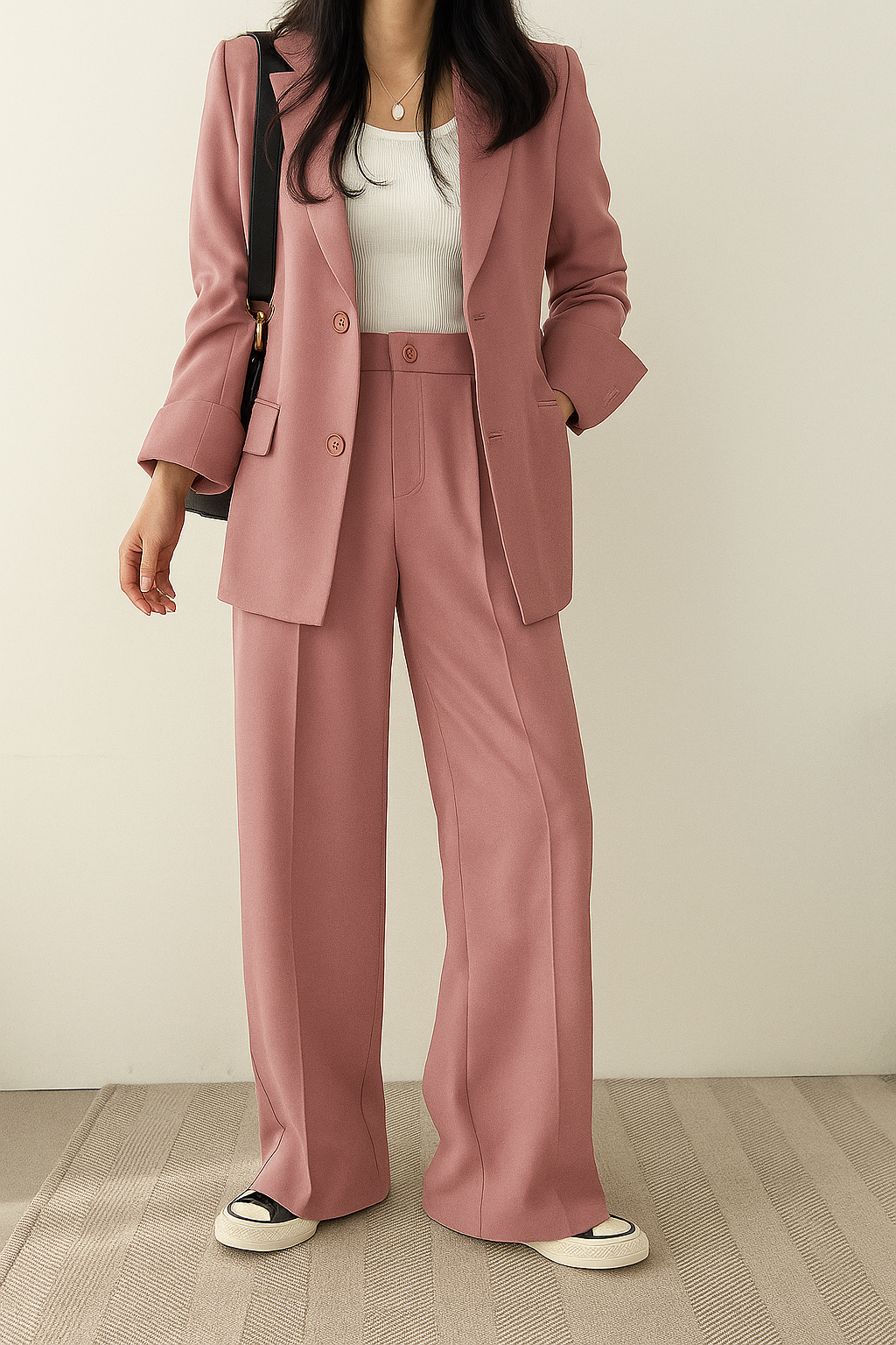 Women's beige single-breasted suit with notch lapel blazer and high-waisted trousers