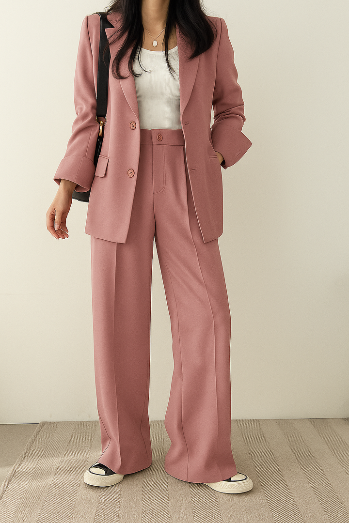 Women's beige single-breasted suit with notch lapel blazer and high-waisted trousers