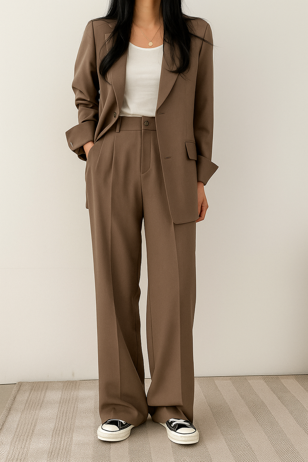 Women's beige single-breasted suit with notch lapel blazer and high-waisted trousers