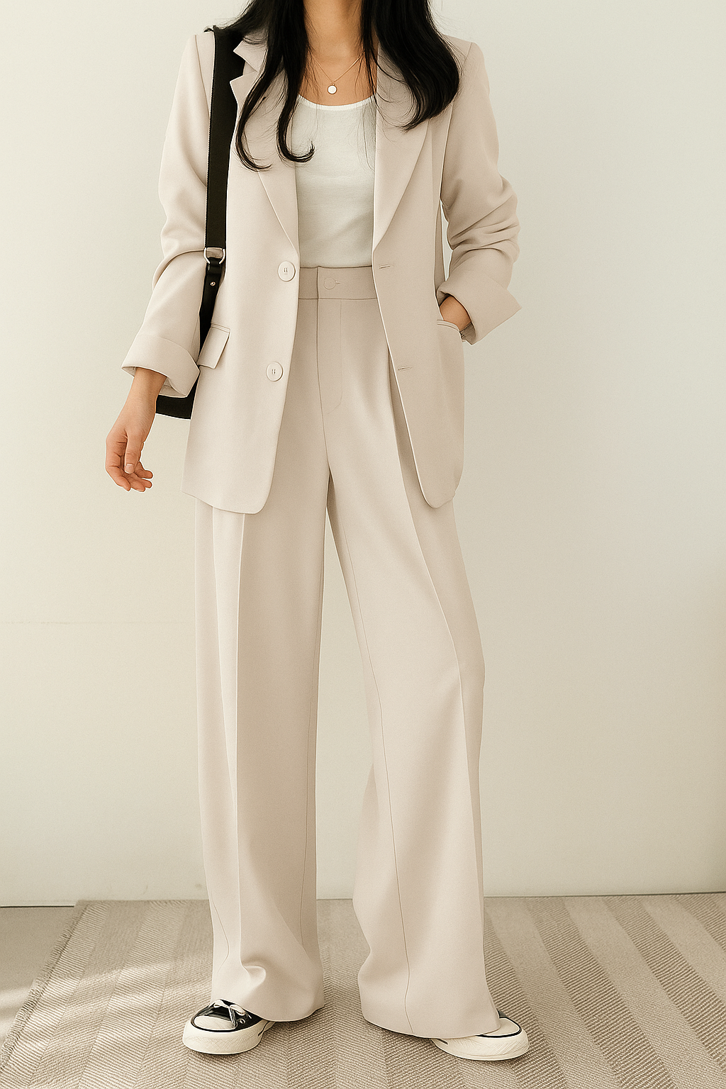Women's beige single-breasted suit with notch lapel blazer and high-waisted trousers