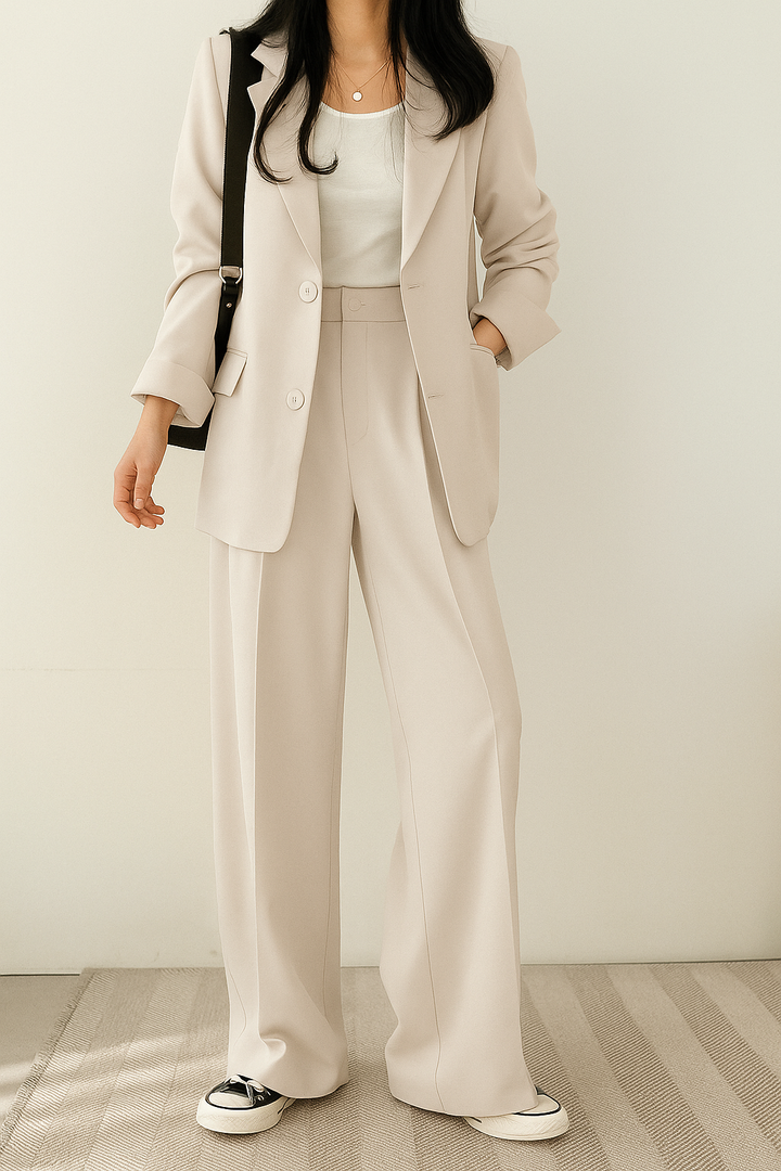 Women's beige single-breasted suit with notch lapel blazer and high-waisted trousers