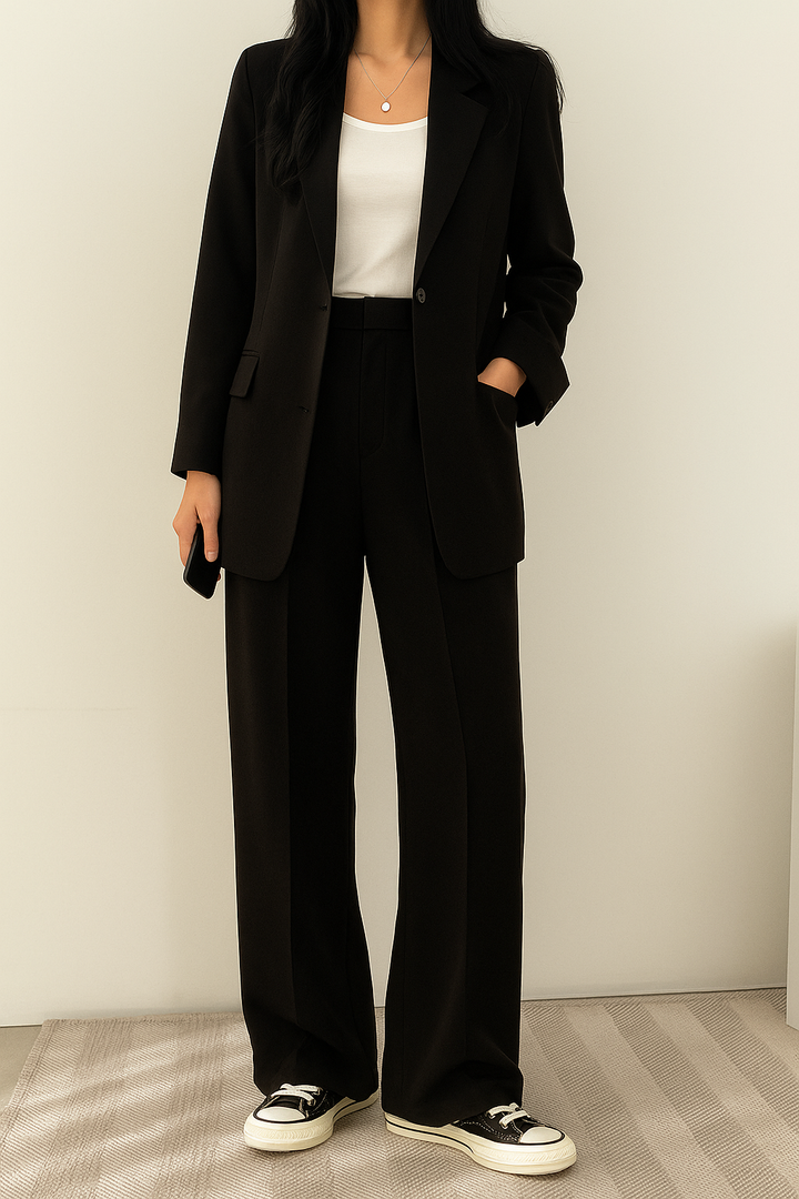 Women's beige single-breasted suit with notch lapel blazer and high-waisted trousers