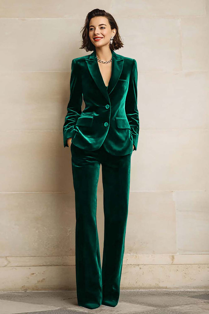 Women's velvet two-piece suit with peak-lapel blazer and wide-leg trousers