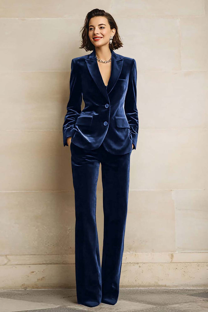 Women's velvet two-piece suit with peak-lapel blazer and wide-leg trousers