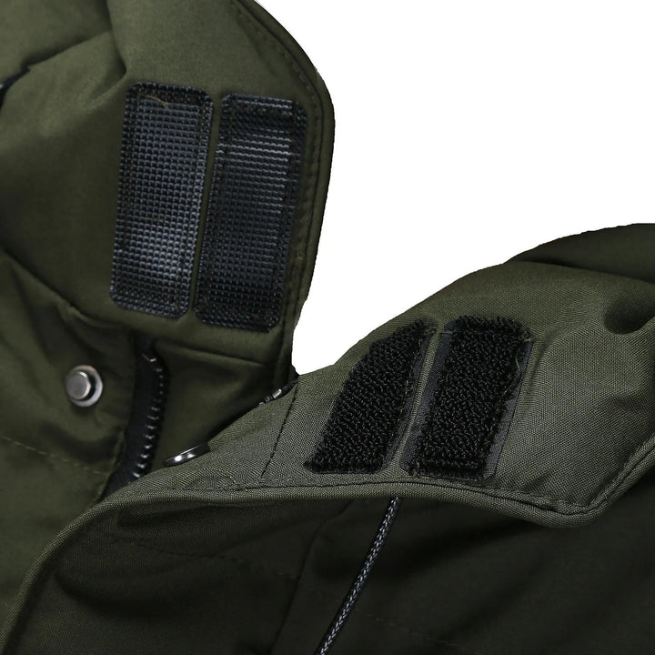 Men's long hooded padded coat with quilted panels and front pockets