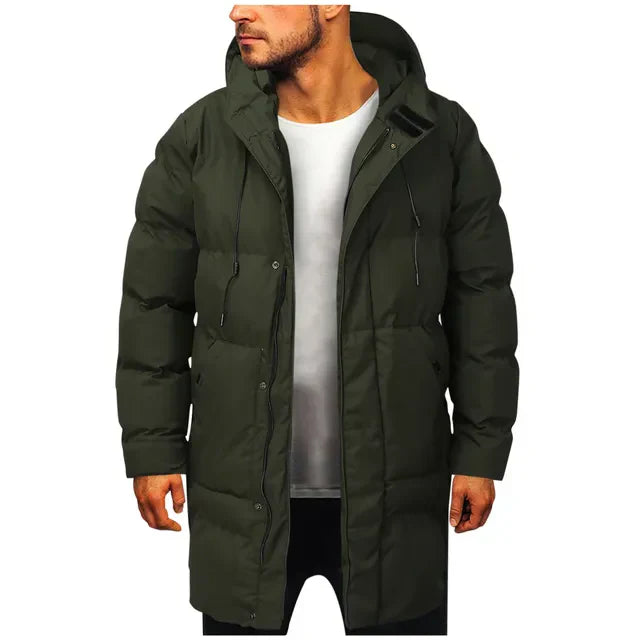 Men's long hooded padded coat with quilted panels and front pockets
