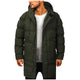 Men's long hooded padded coat with quilted panels and front pockets