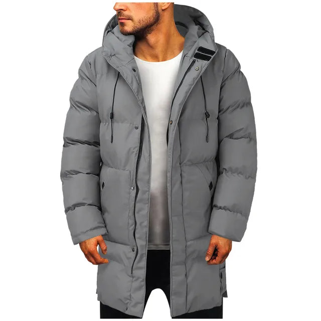 Men's long hooded padded coat with quilted panels and front pockets