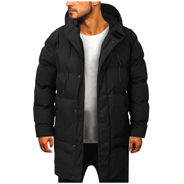Men's long hooded padded coat with quilted panels and front pockets
