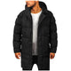 Men's long hooded padded coat with quilted panels and front pockets