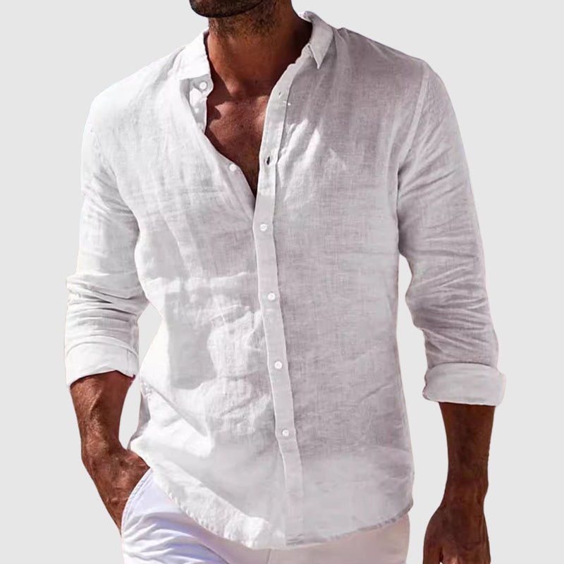 Men's light blue button-front shirt with long sleeves and pointed collar