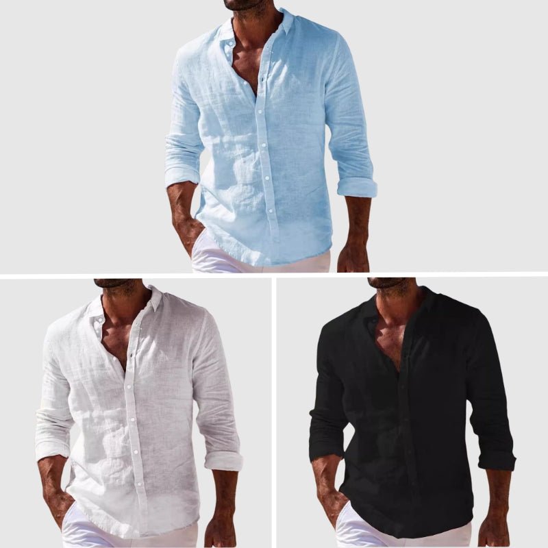 Men's light blue button-front shirt with long sleeves and pointed collar