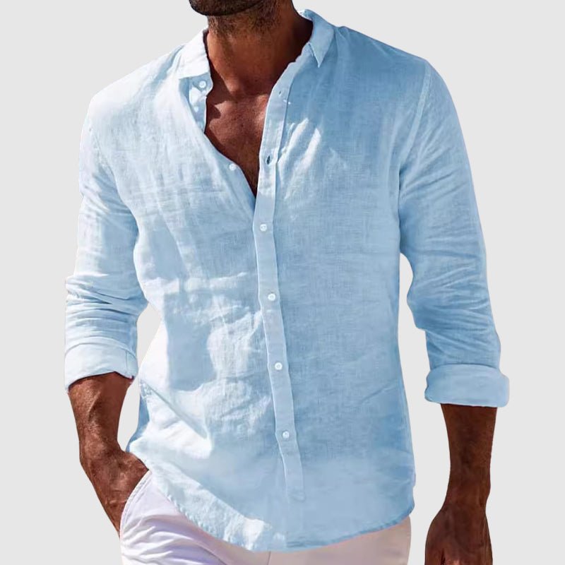 Men's light blue button-front shirt with long sleeves and pointed collar