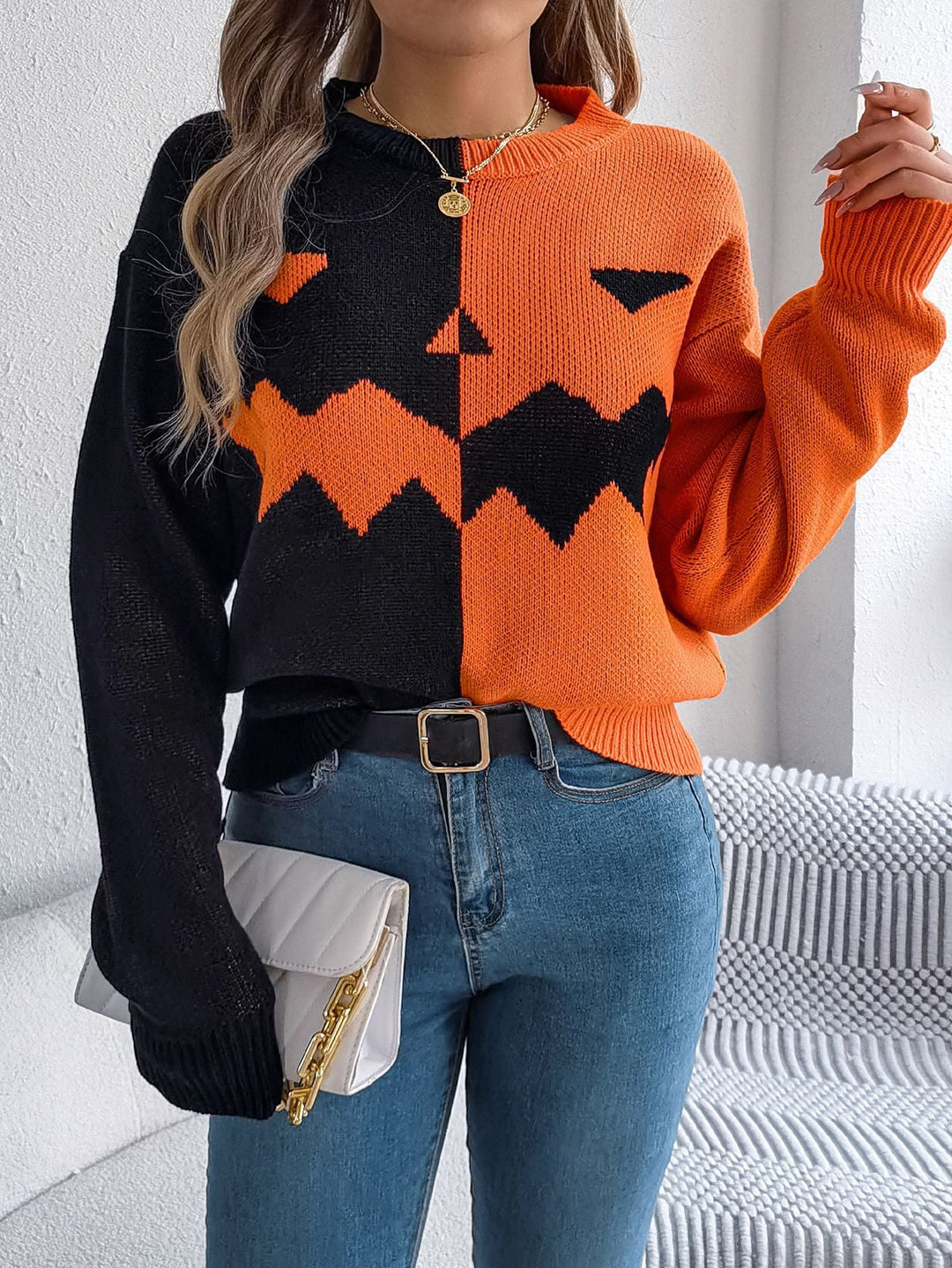 Women's geometric colour-block crew neck knit sweater with long sleeves
