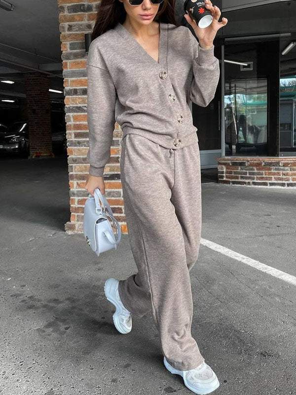 Women's knit cardigan and relaxed trousers set with button front and drawstring waist
