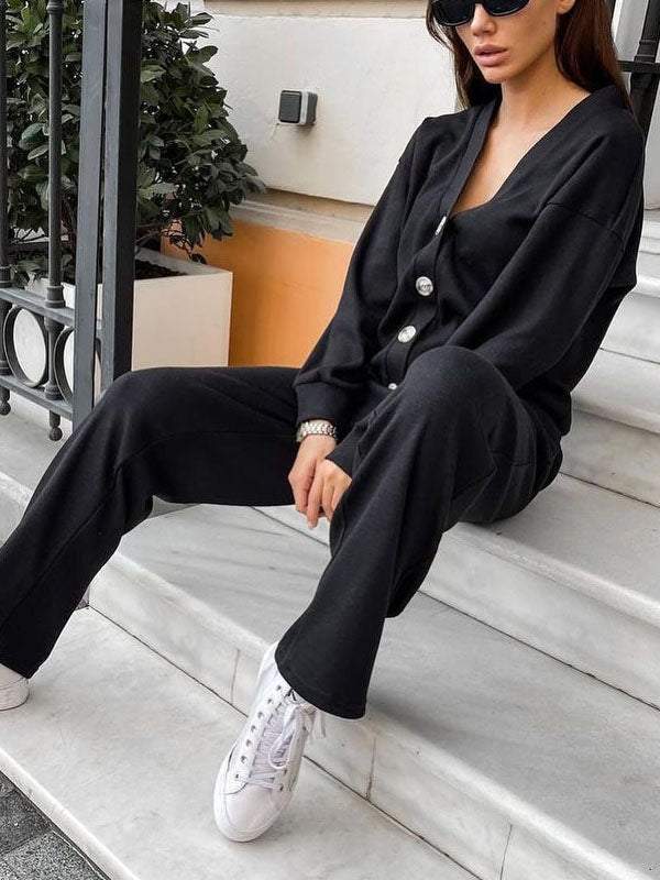 Women's knit cardigan and relaxed trousers set with button front and drawstring waist