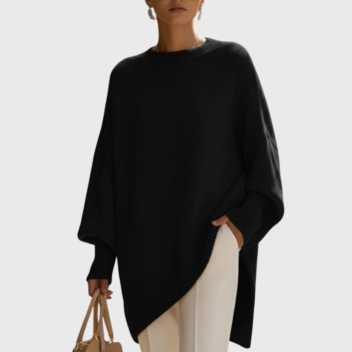 Women's oversized poncho sweater with crew neck and batwing sleeves
