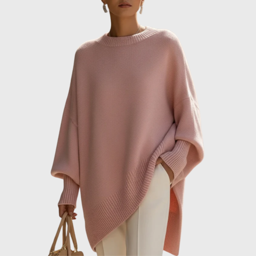 Women's oversized poncho sweater with crew neck and batwing sleeves