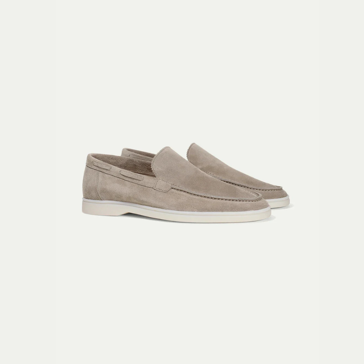 Men's taupe slip-on loafers with stitched apron detail and flat off-white soles