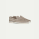 Men's taupe slip-on loafers with stitched apron detail and flat off-white soles