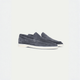 Men's grey slip-on loafers with moc toe and flat light-coloured soles
