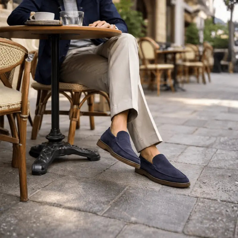 Men's navy penny loafers with almond toes and flat brown soles