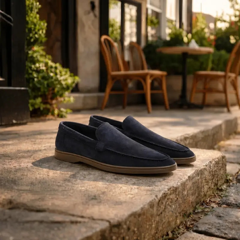 Men's navy penny loafers with almond toes and flat brown soles