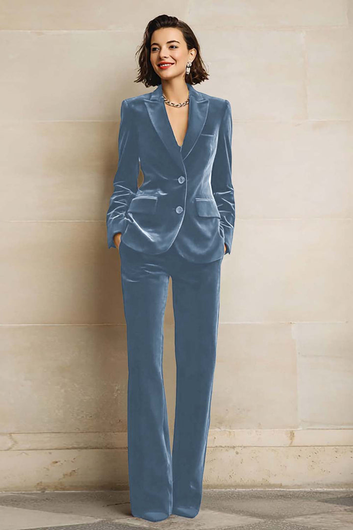 Women's velvet two-piece suit with peak-lapel blazer and wide-leg trousers