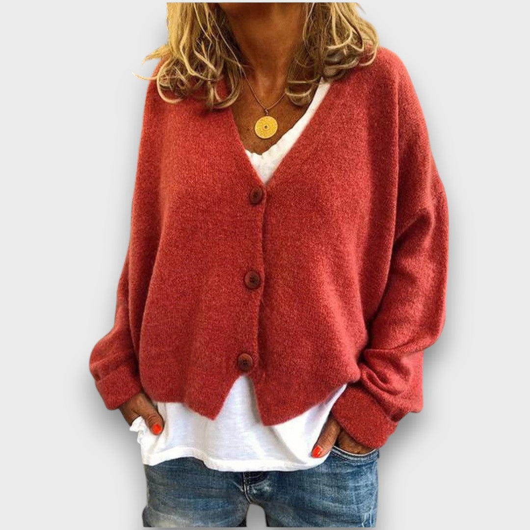 Women's V-neck knit cardigan with long sleeves and button front