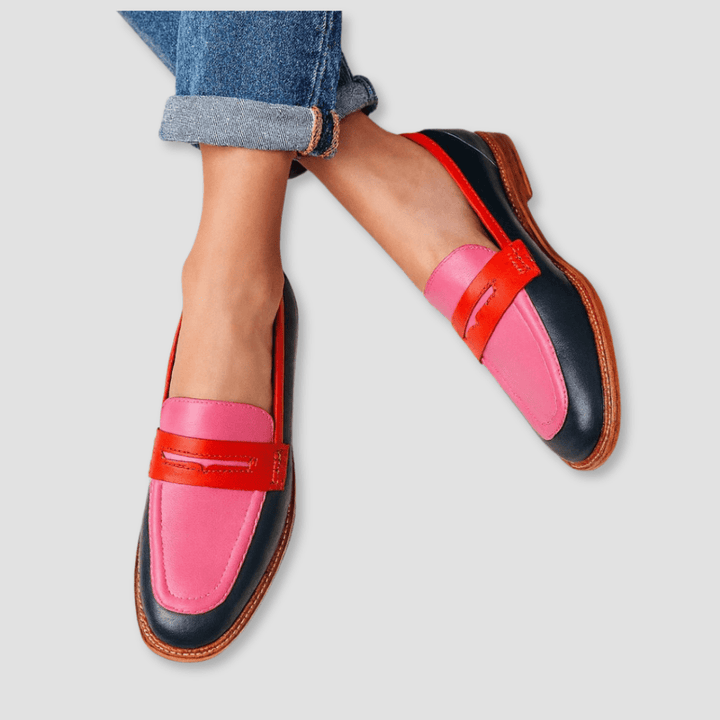 Women's colorblock slip-on loafers with contrasting strap detail