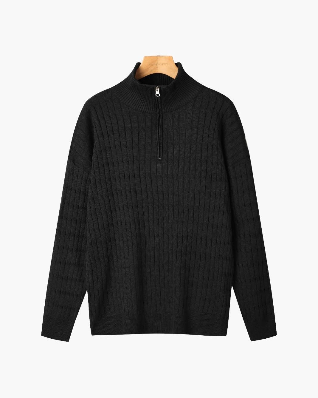 Women's ribbed half zip sweater with high neck and long sleeves