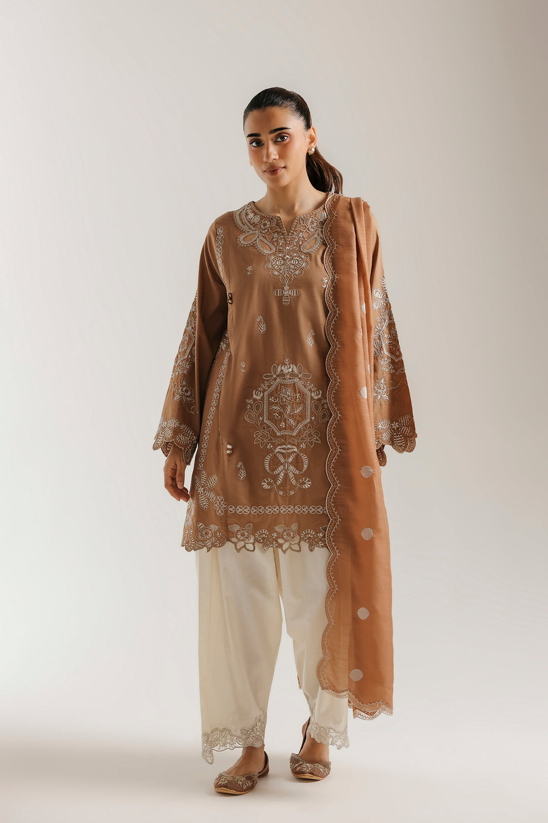 Women's brown embroidered tunic trouser suit with scarf