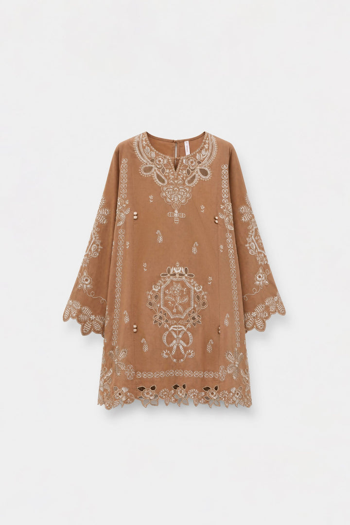 Women's brown embroidered tunic trouser suit with scarf