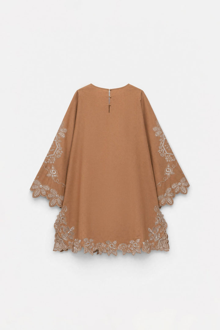 Women's brown embroidered tunic trouser suit with scarf