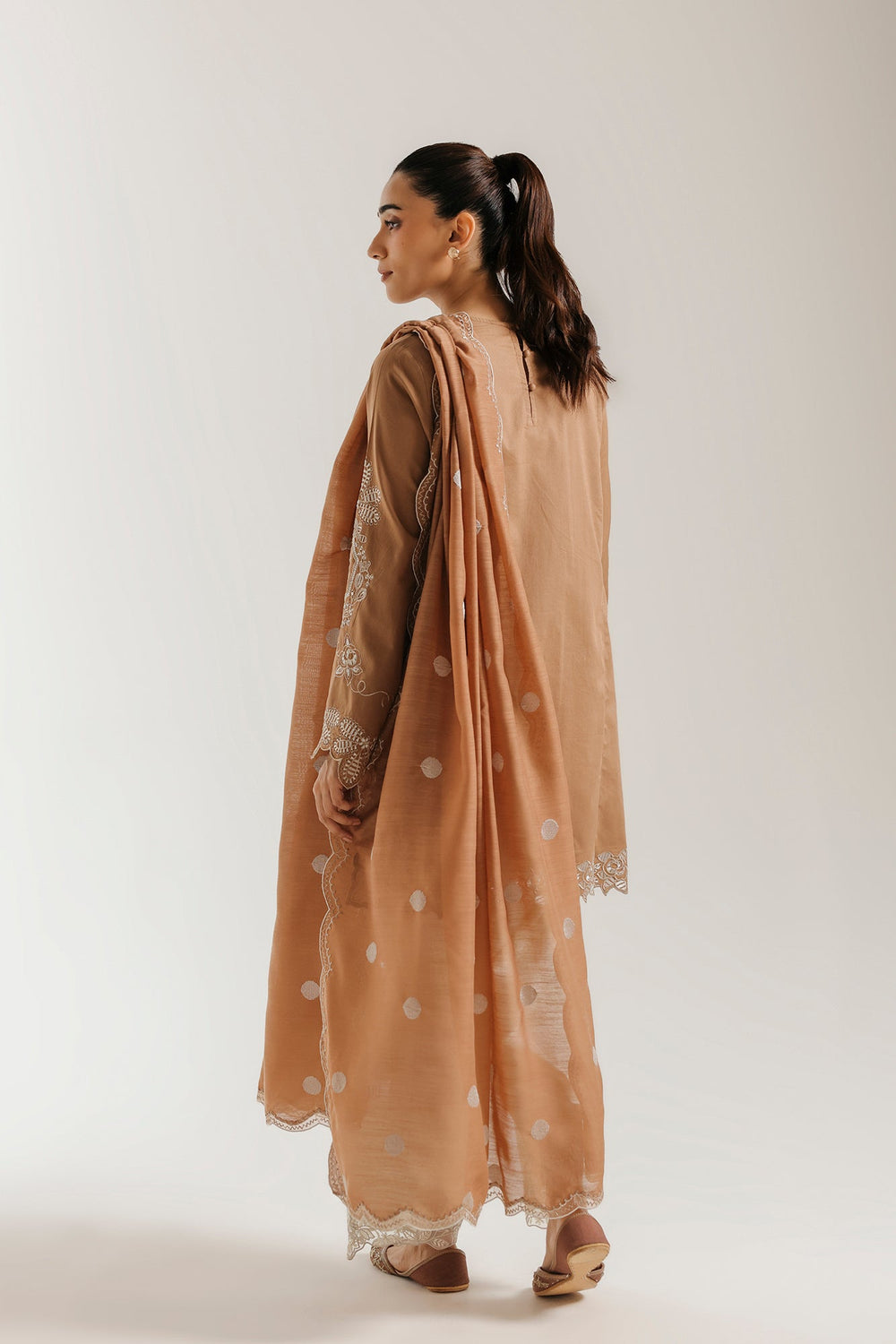 Women's brown embroidered tunic trouser suit with scarf