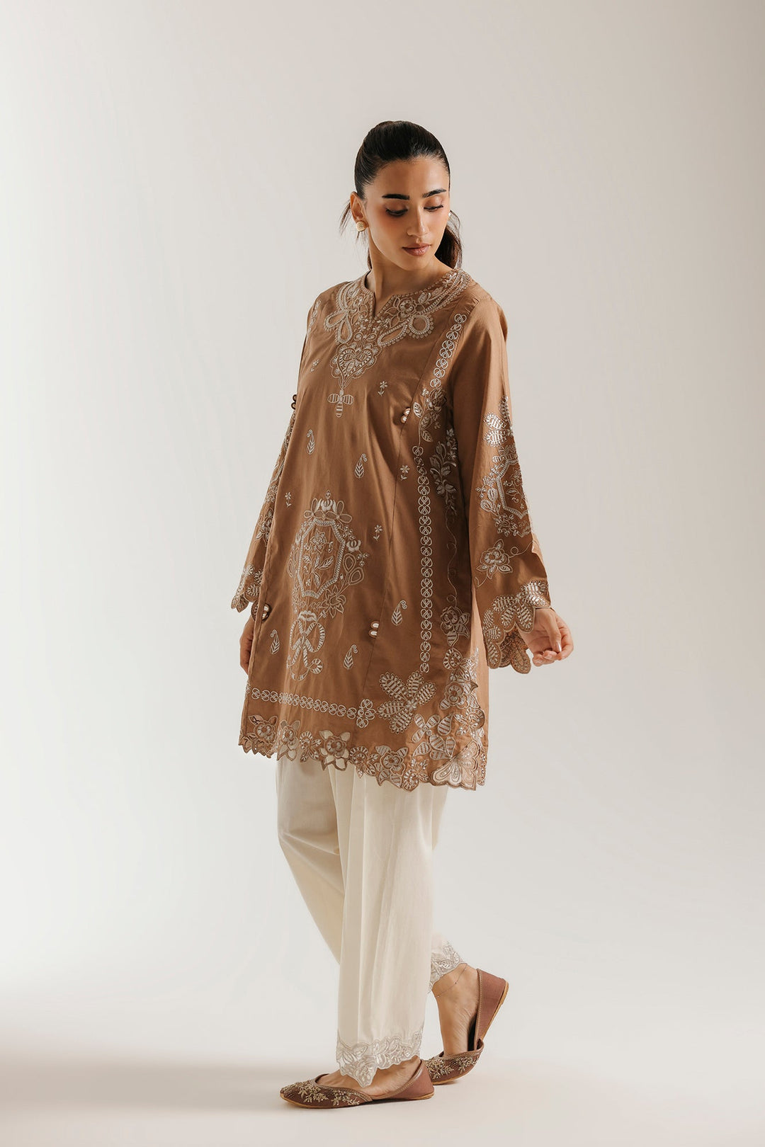 Women's brown embroidered tunic trouser suit with scarf