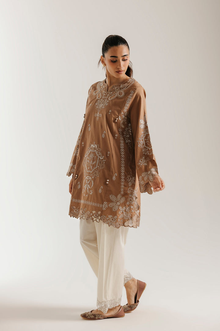 Women's brown embroidered tunic trouser suit with scarf