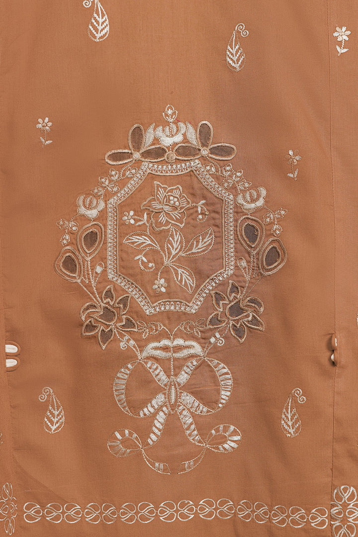 Women's brown embroidered tunic trouser suit with scarf