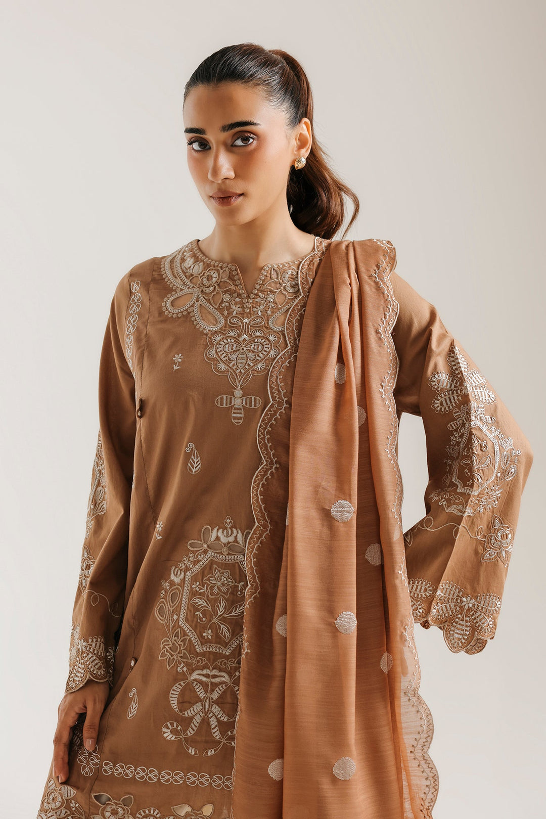 Women's brown embroidered tunic trouser suit with scarf