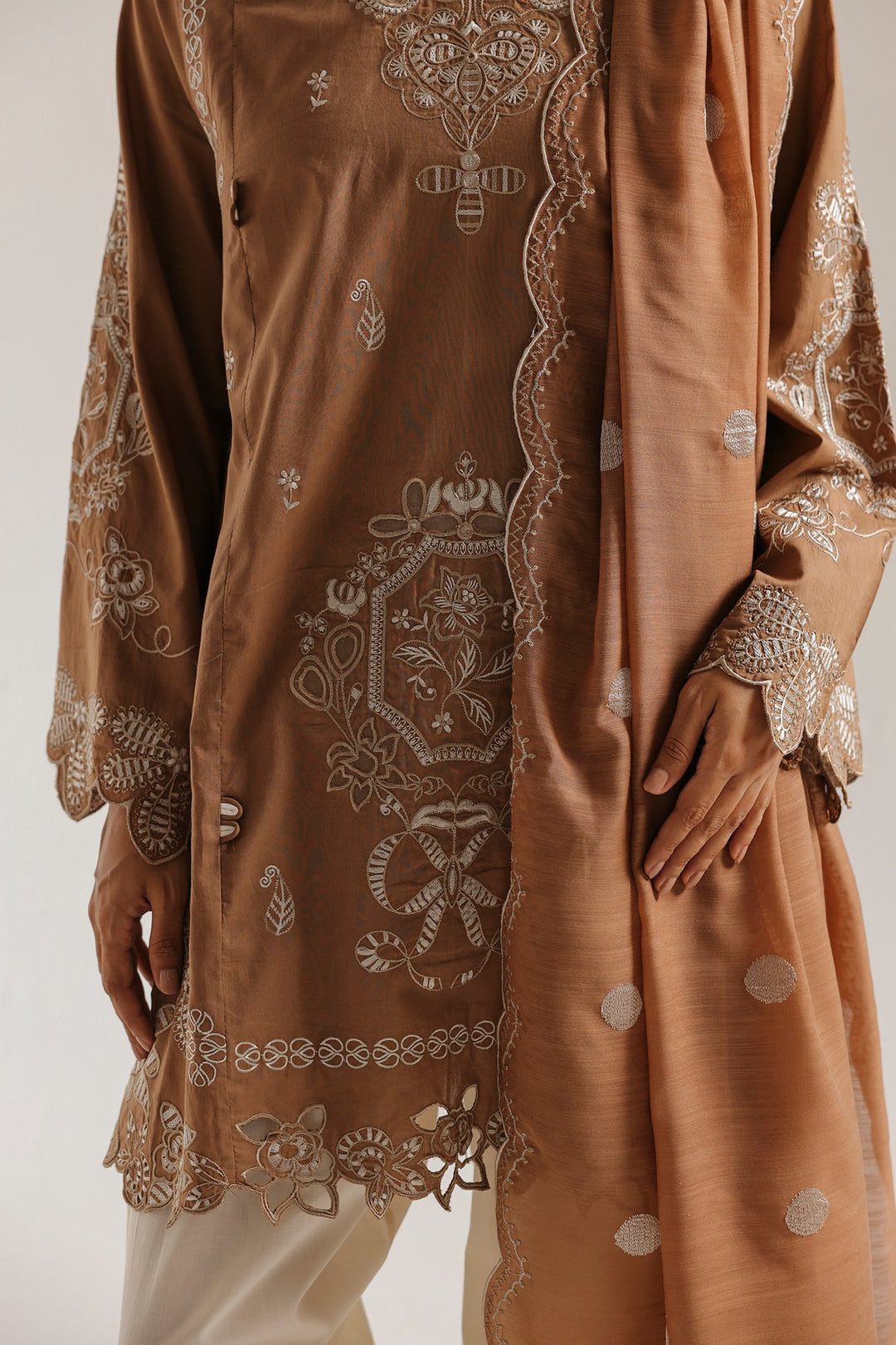 Women's brown embroidered tunic trouser suit with scarf