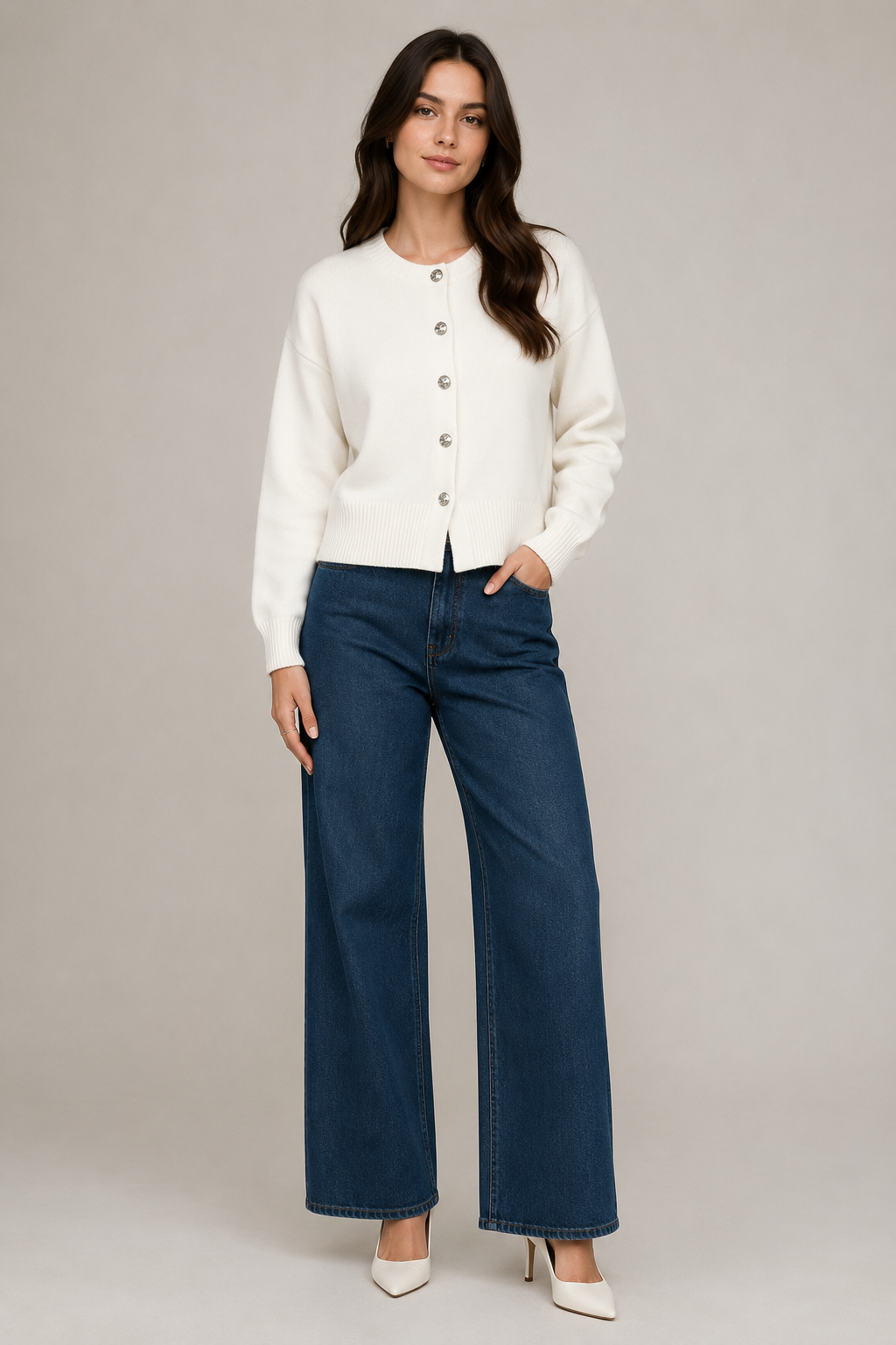 Women's short button-front cardigan with long sleeves and ribbed trims
