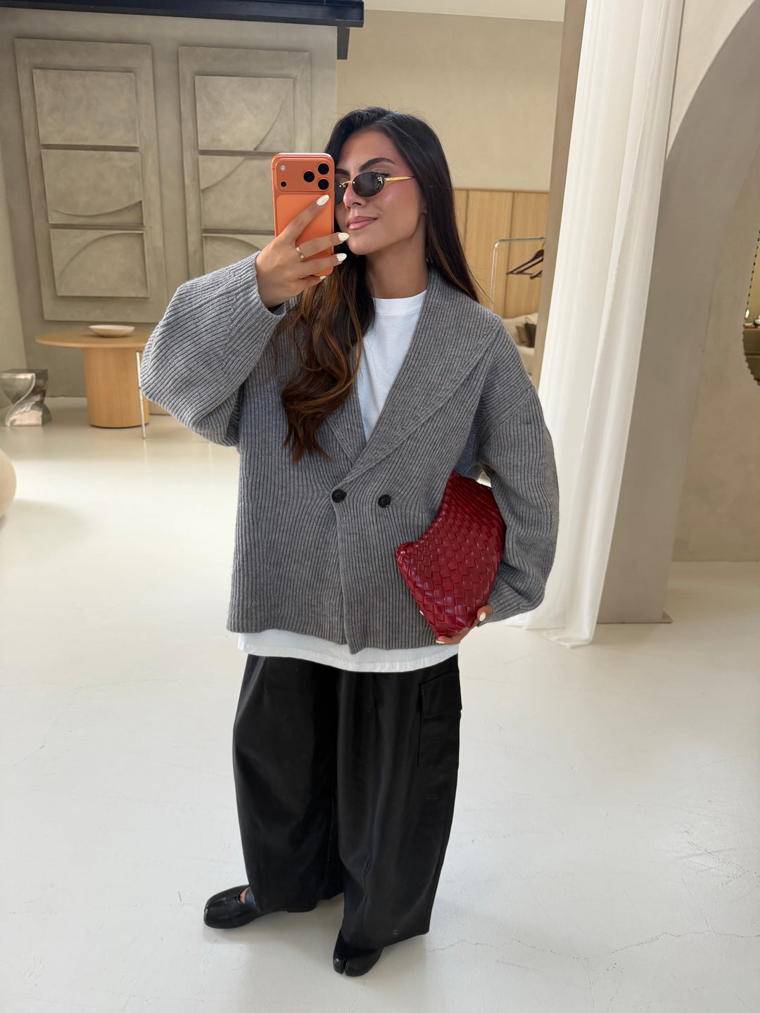Women's gray ribbed cardigan with V-neck and button front