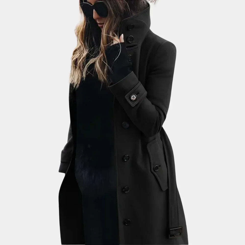 Women's long trench coat with high collar and button front