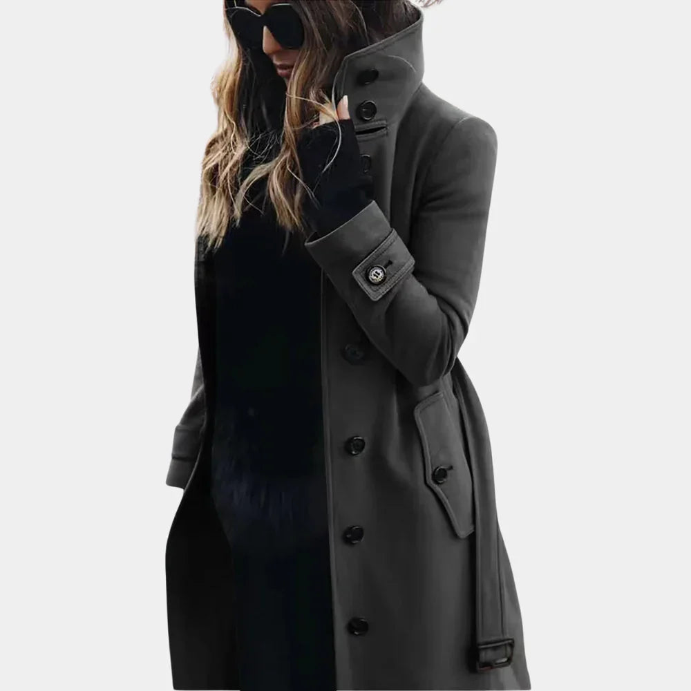 Women's long trench coat with high collar and button front