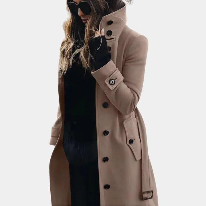 Women's long trench coat with high collar and button front