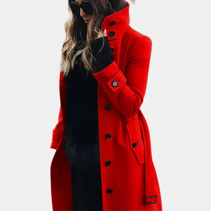 Women's long trench coat with high collar and button front